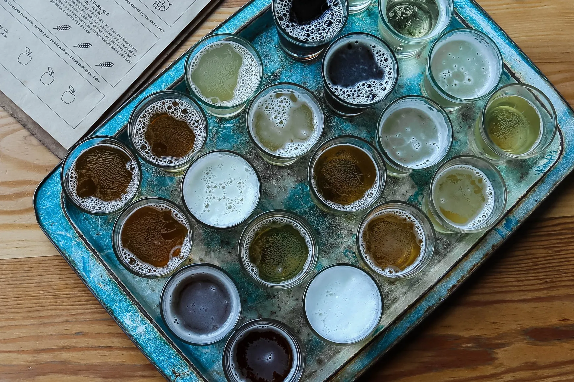 Tablett mit Bierproben in Gläsern für eine Verkostung