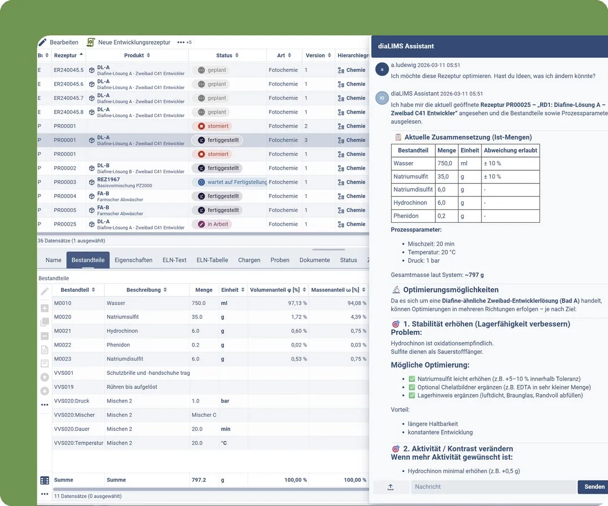 Screenshot des KI-Assistenten in diaLIMS