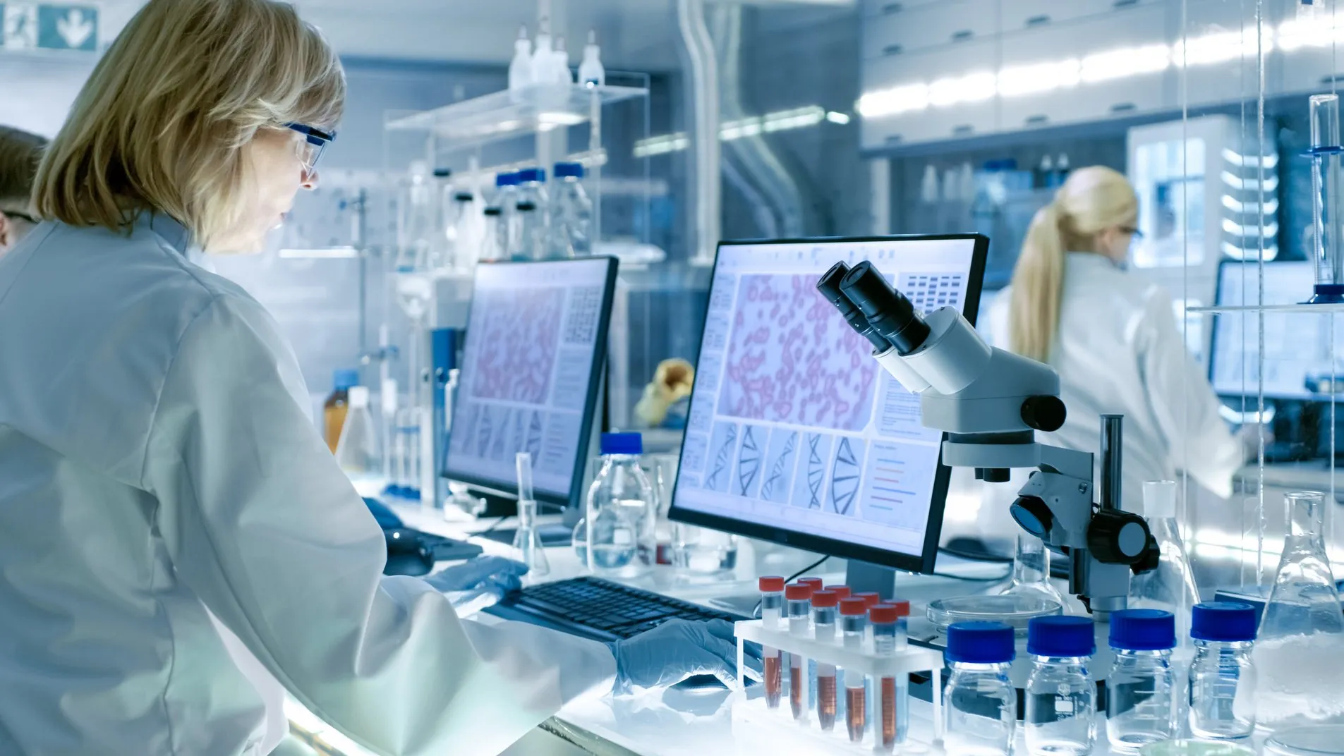 Wissenschaftlerin arbeitet im Labor an Bildschirmen mit Mikroskopaufnahmen