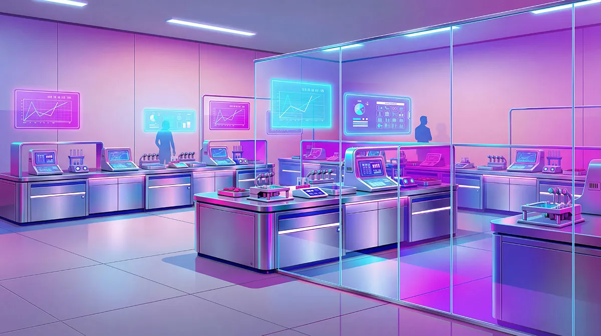 Illustration eines modernen Labors mit digitalen Anzeigen über den Arbeitsplätzen