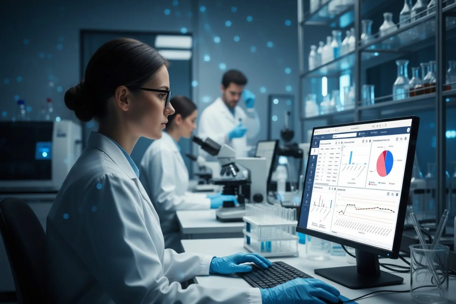 Laborantin arbeitet im Labor mit der Laborsoftware diaLIMS