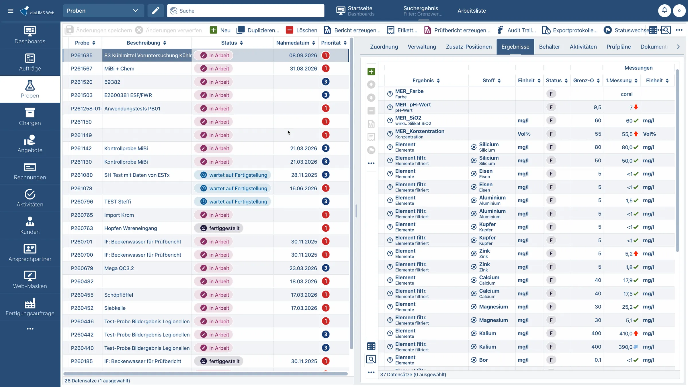 Proben mit Ergebnissen und Messwerten in der diaLIMS Web App