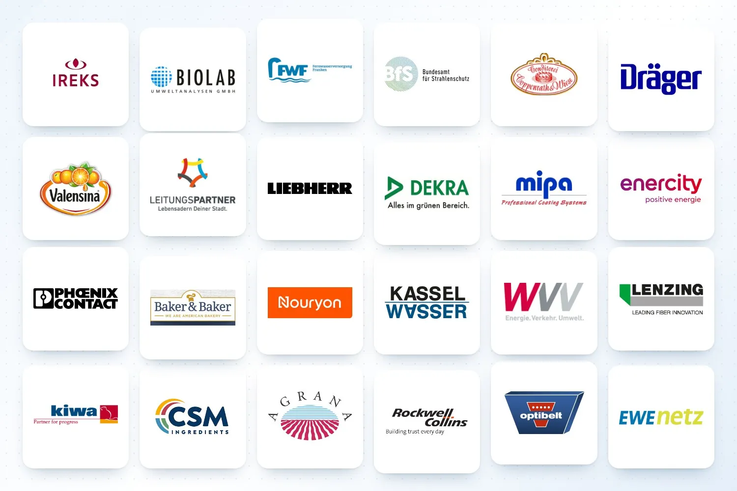 Logos von 24 diaLIMS-Kunden, darunter IREKS, BIOLAB, Bundesamt für Strahlenschutz, Coppenrath & Wiese, Dräger, DEKRA, enercity und Liebherr