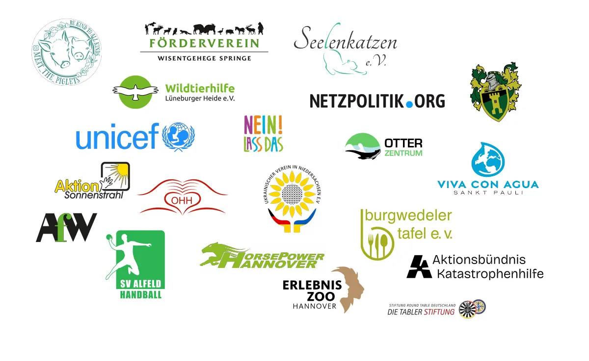 Logos von Vereinen und Hilfsorganisationen, die dialog EDV unterstützt, darunter UNICEF, Viva con Agua, Erlebnis-Zoo Hannover und Burgwedeler Tafel