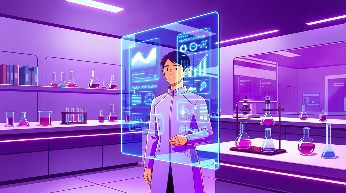 Illustration einer Person im Laborkittel vor einer digitalen Anzeige mit Versuchsplanung und Rezepturoptimierung