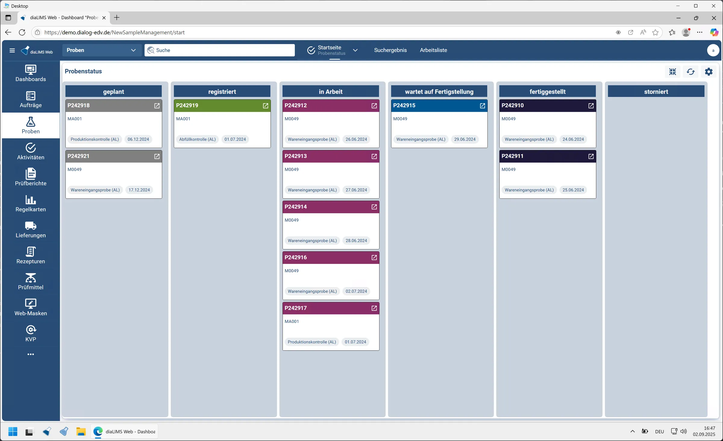 diaLIMS Web App mit Kanban-Ansicht der Proben nach Status