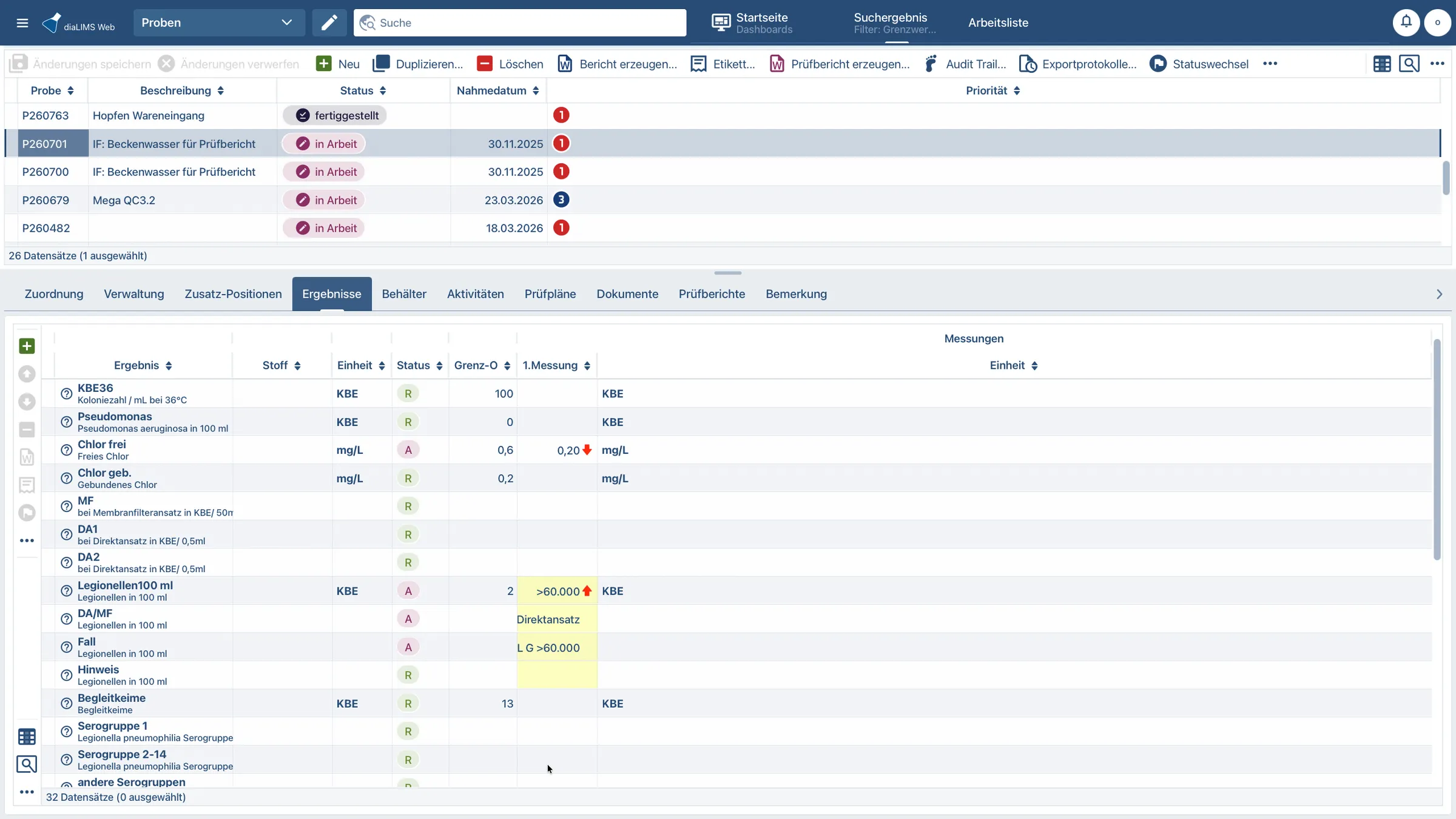 diaLIMS Web App mit Probenliste und Ergebniszuordnungen