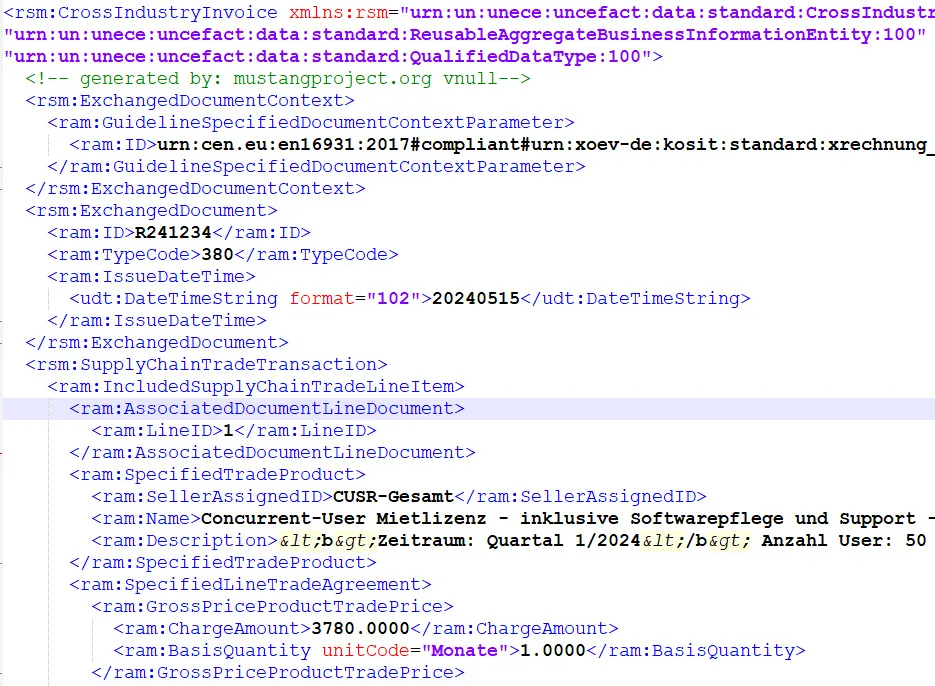 Ausschnitt einer XRechnung im XML-Format (CII-Syntax)