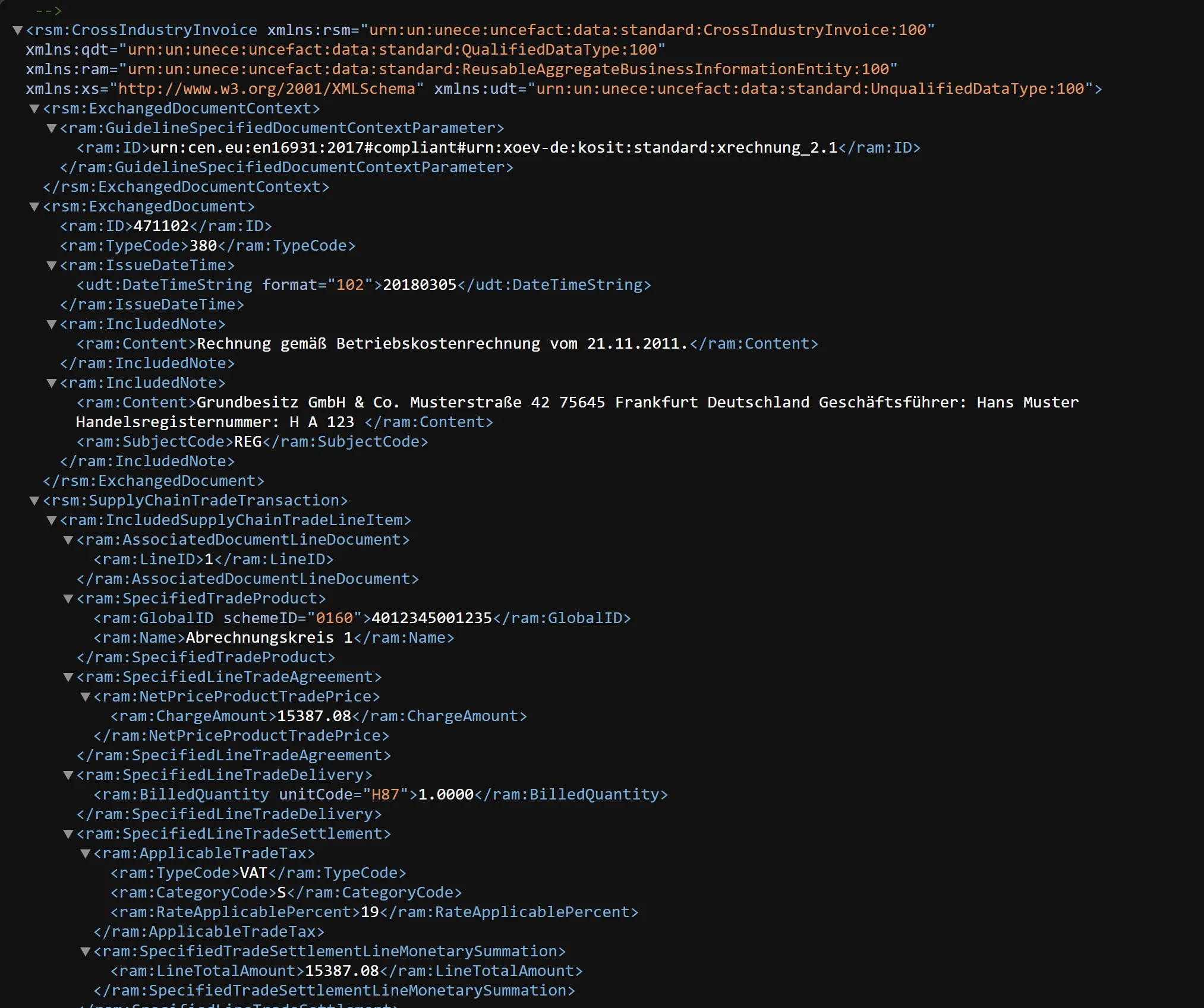 Beispiel einer XRechnung im XML-Format